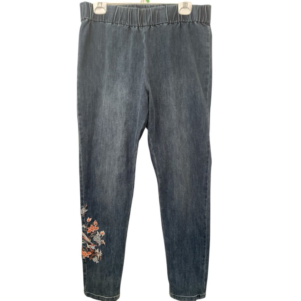 Soft Surroundings LG Metro Floral Embroidered Denim Leggings Jeggings Pull On
